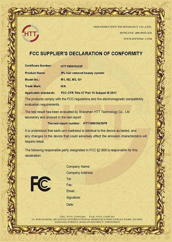 光子脫毛儀FCC證書(shū)